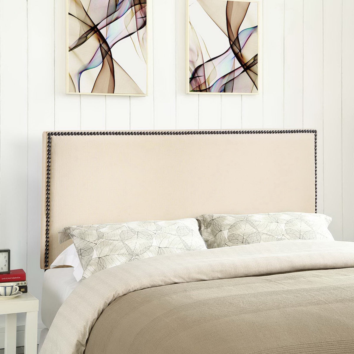 Region Nailhead Upholstered Queen Headboard by Modway in beige fabric with nailhead trim on Tampa Home & Garden Store