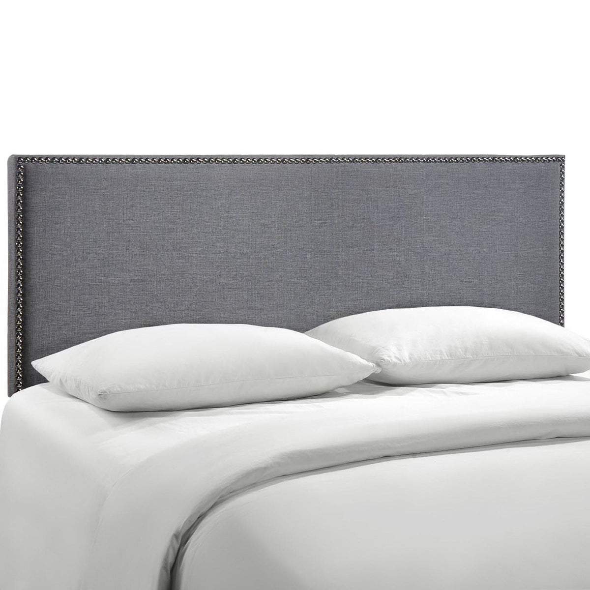 Region Nailhead Upholstered Queen Headboard in gray fabric with metallic nailhead trim on Tampa Home & Garden Store