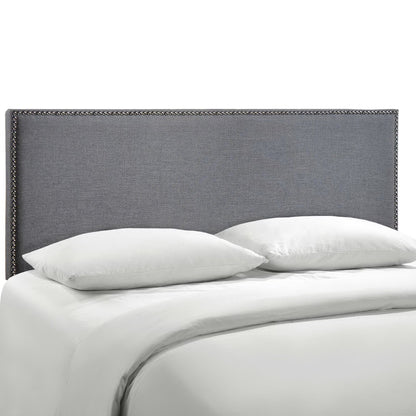 Region Nailhead Upholstered Queen Headboard in gray fabric with metallic nailhead trim on Tampa Home & Garden Store