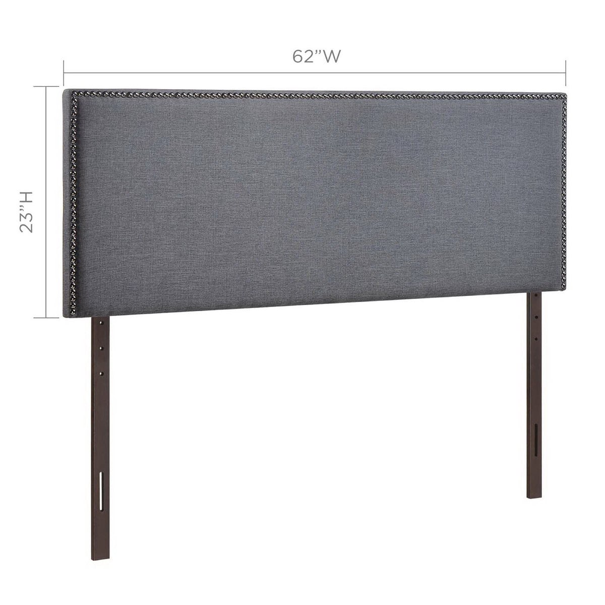 Region Nailhead Upholstered Queen Headboard in gray fabric with nailhead trim and wooden legs on Tampa Home & Garden Store