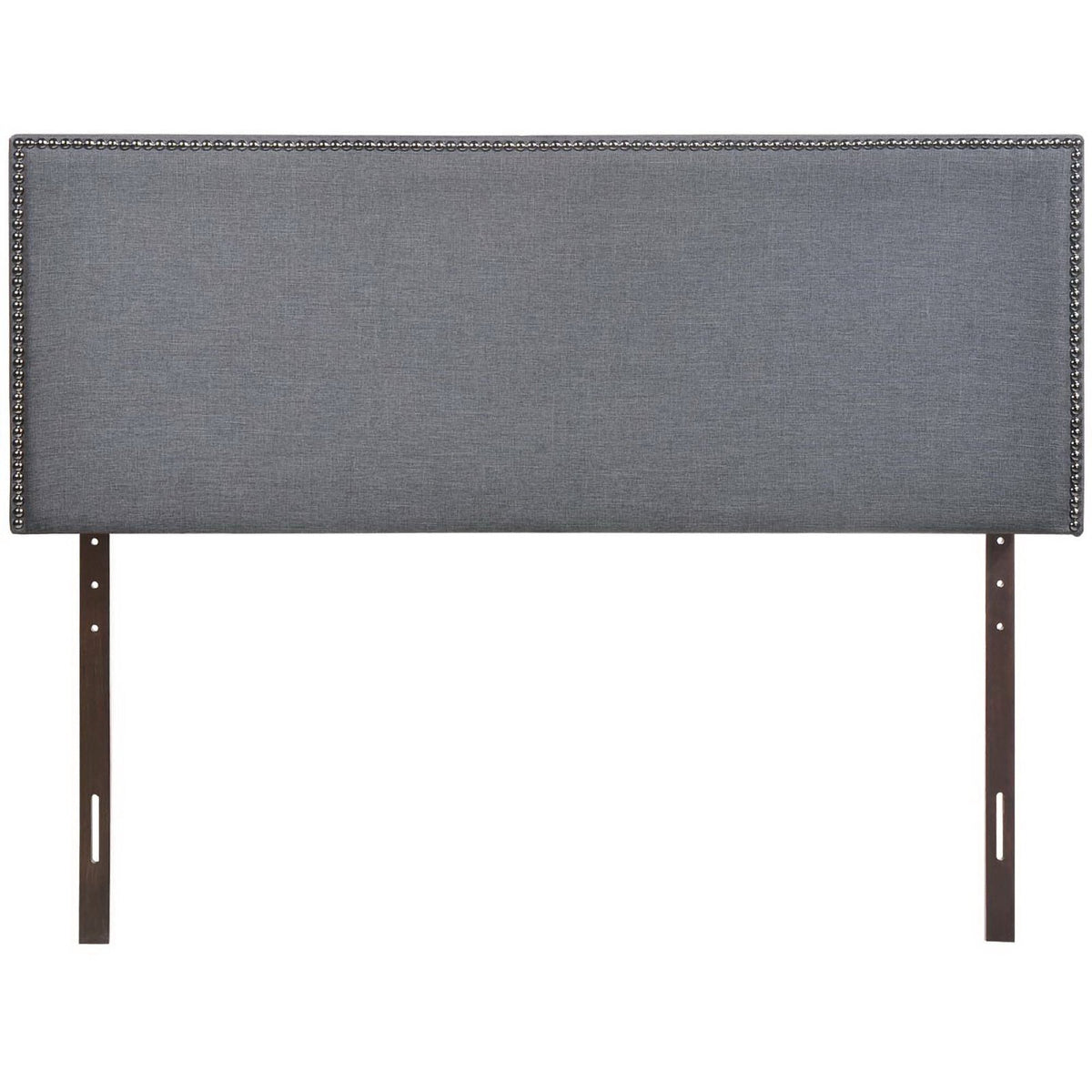 Region Nailhead Upholstered Queen Headboard in grey fabric with silver nailhead trim on Tampa Home & Garden Store