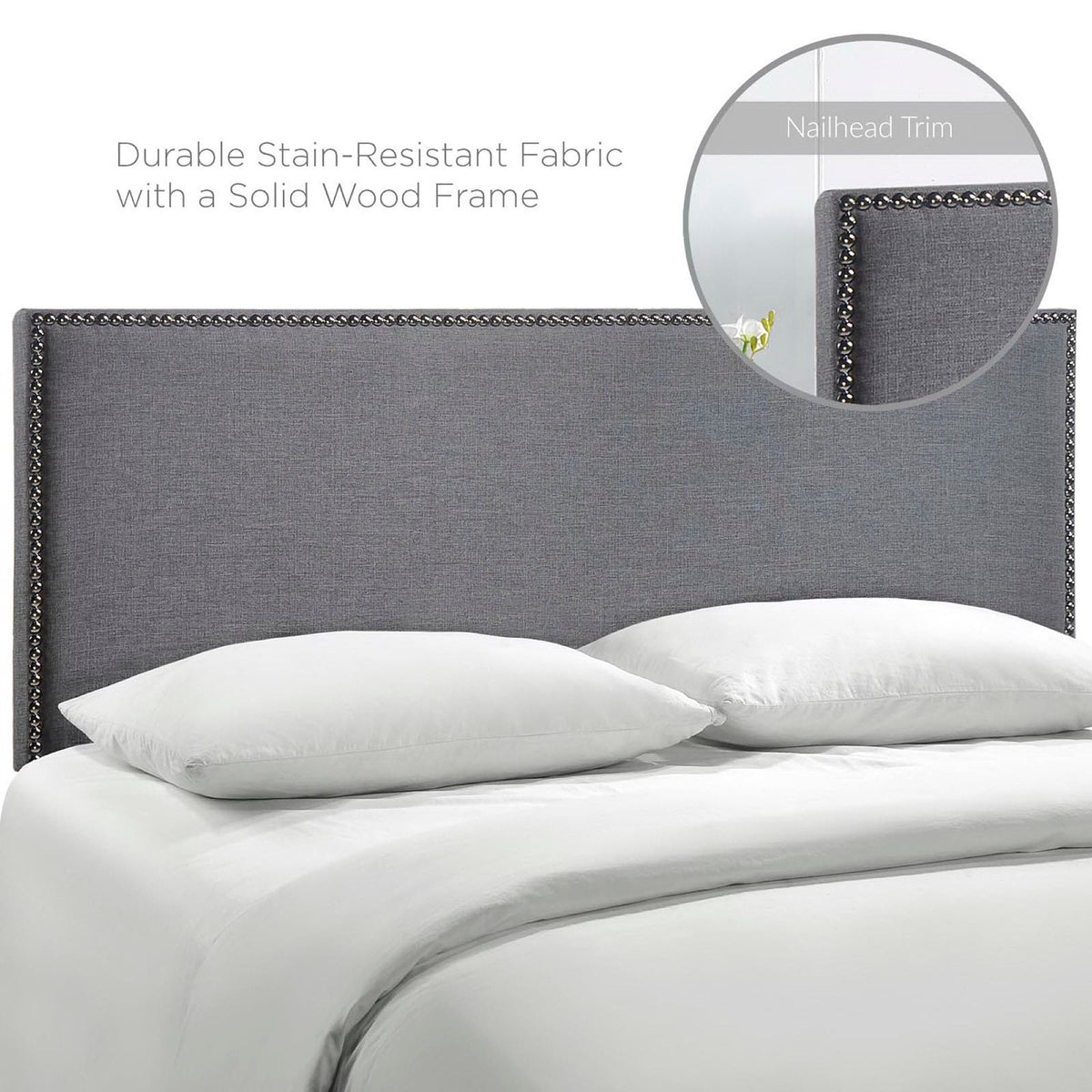 Region Nailhead Upholstered Queen Headboard in gray fabric with wood frame by Modway on Tampa Home & Garden Store