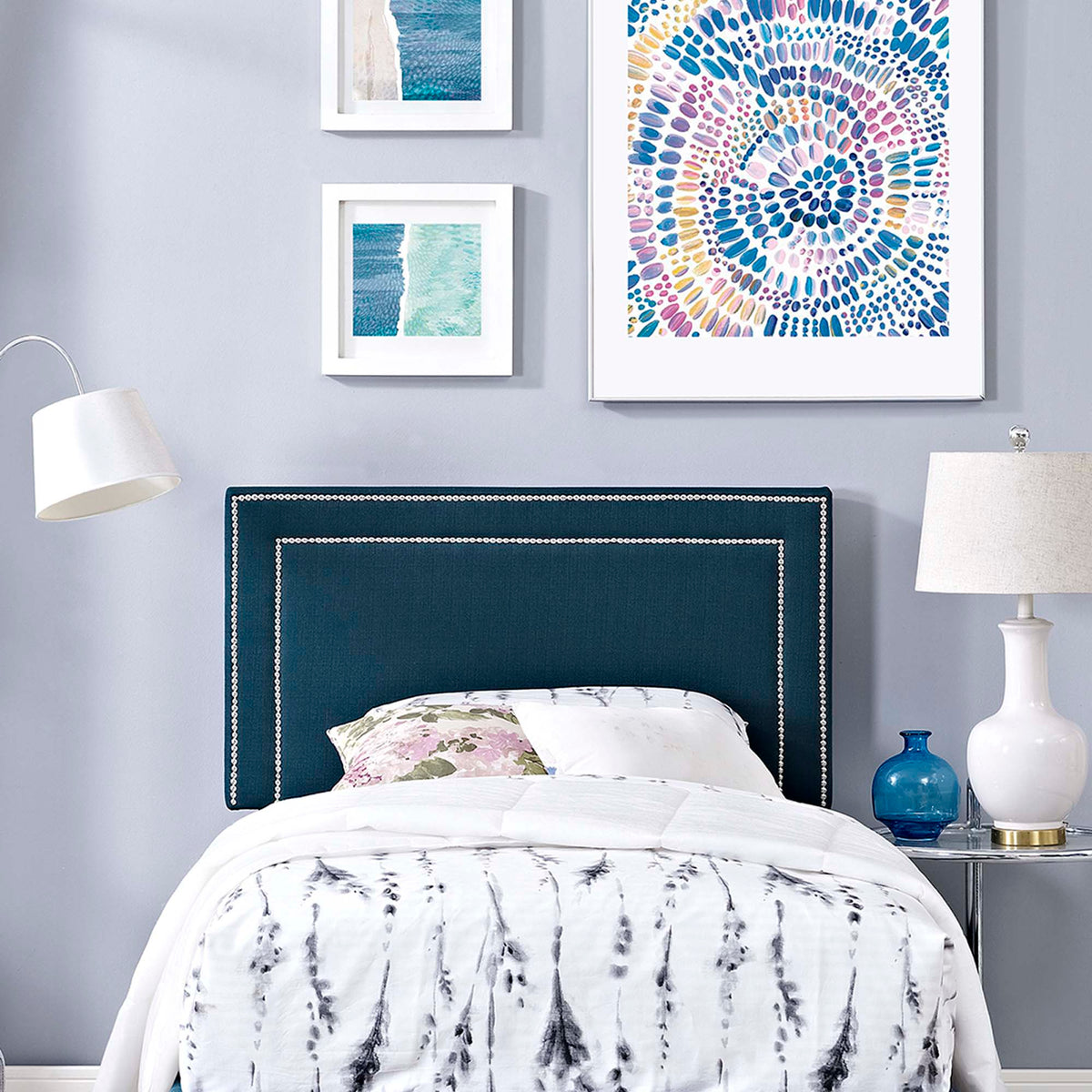 Jessamine Upholstered Fabric Twin Headboard in navy with white piping by Modway on Tampa Home & Garden Store