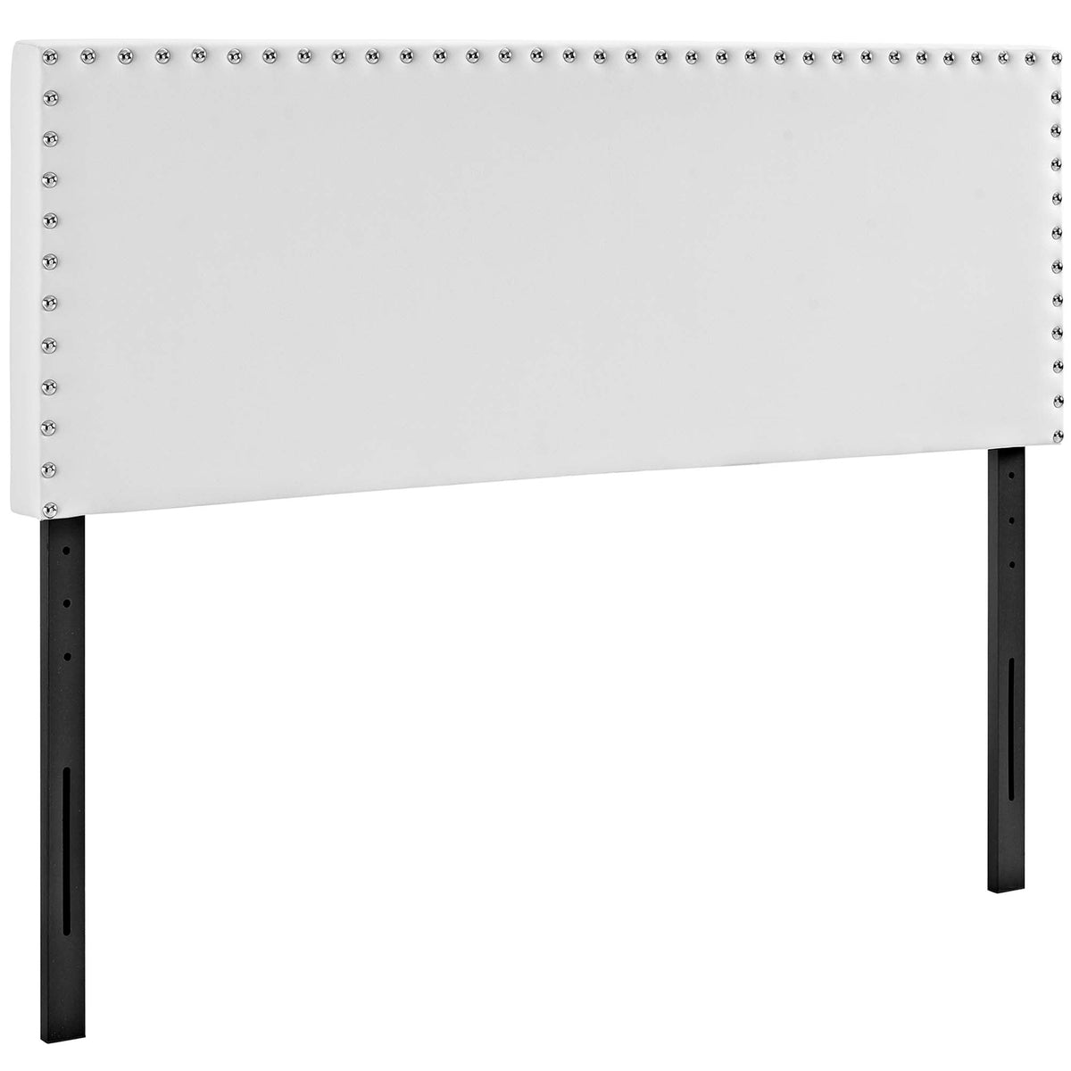Phoebe upholstered vinyl full headboard white with silver nailhead trim and black metal legs on Tampa Home & Garden Store
