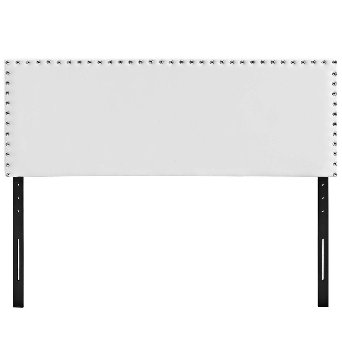 Phoebe upholstered vinyl headboard, white with silver nailhead trim on black rails on Tampa Home & Garden Store
