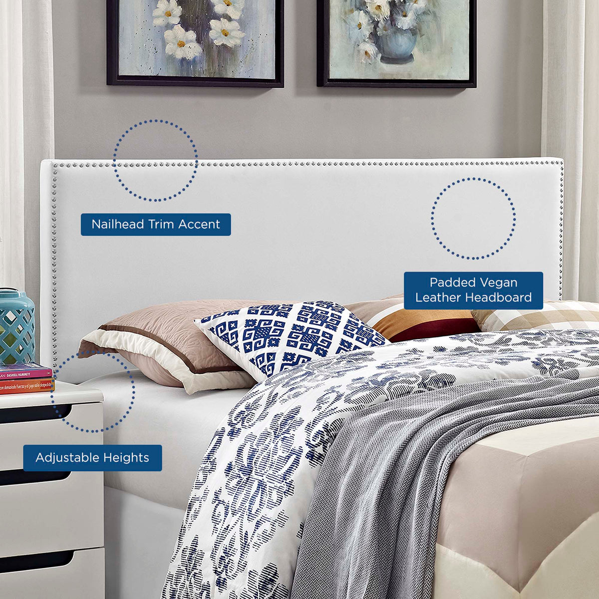 Phoebe Upholstered Vinyl Full Headboard by Modway in white with nailhead trim on Tampa Home & Garden Store