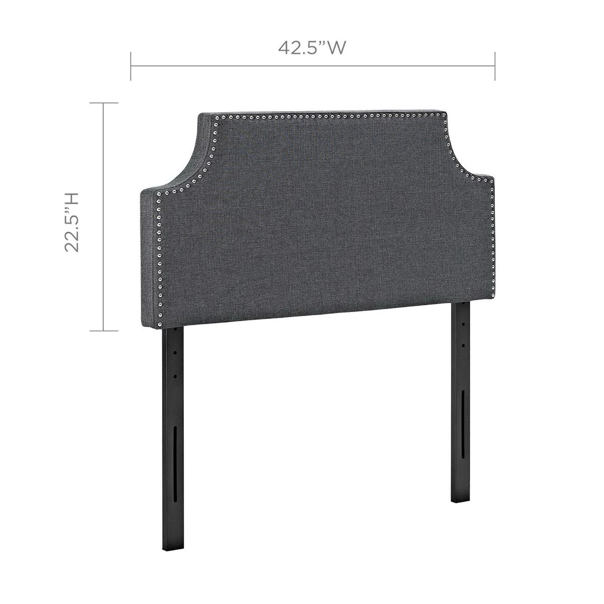 Laura upholstered twin headboard in charcoal grey fabric with silver nailhead trim on Tampa Home & Garden Store