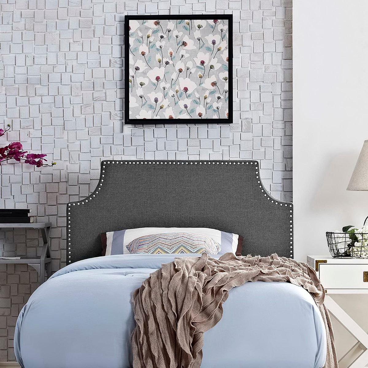 Laura Upholstered Fabric Twin Headboard by Modway in dark gray fabric with nailhead trim on Tampa Home & Garden Store