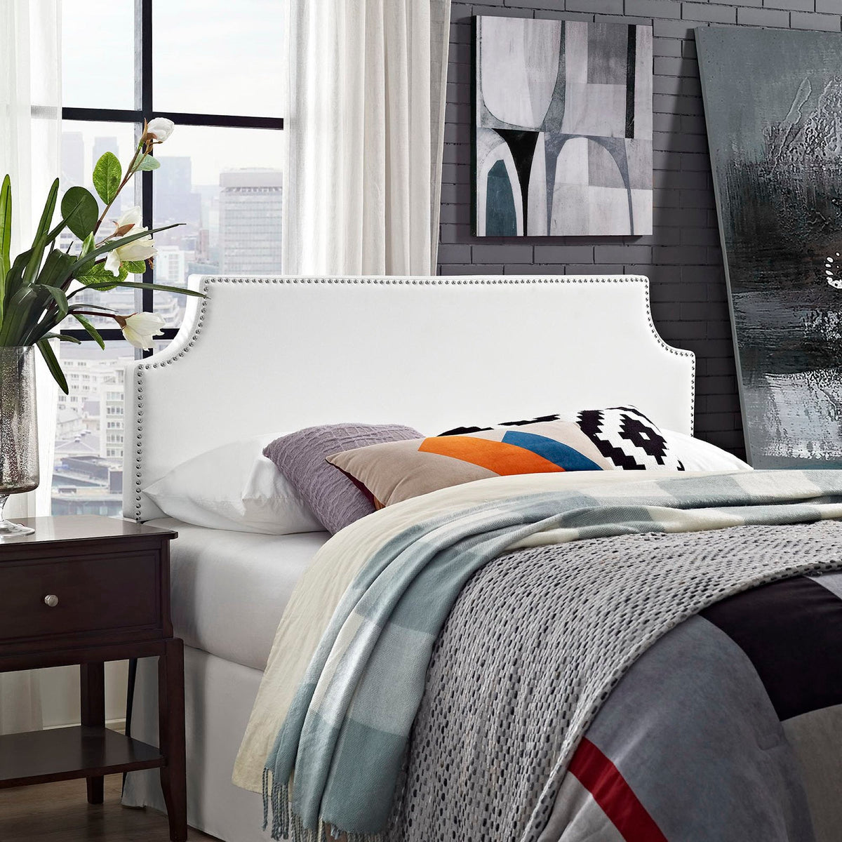 Laura Upholstered Full Headboard by Modway, white vinyl in a modern grey bedroom on Tampa Home & Garden Store