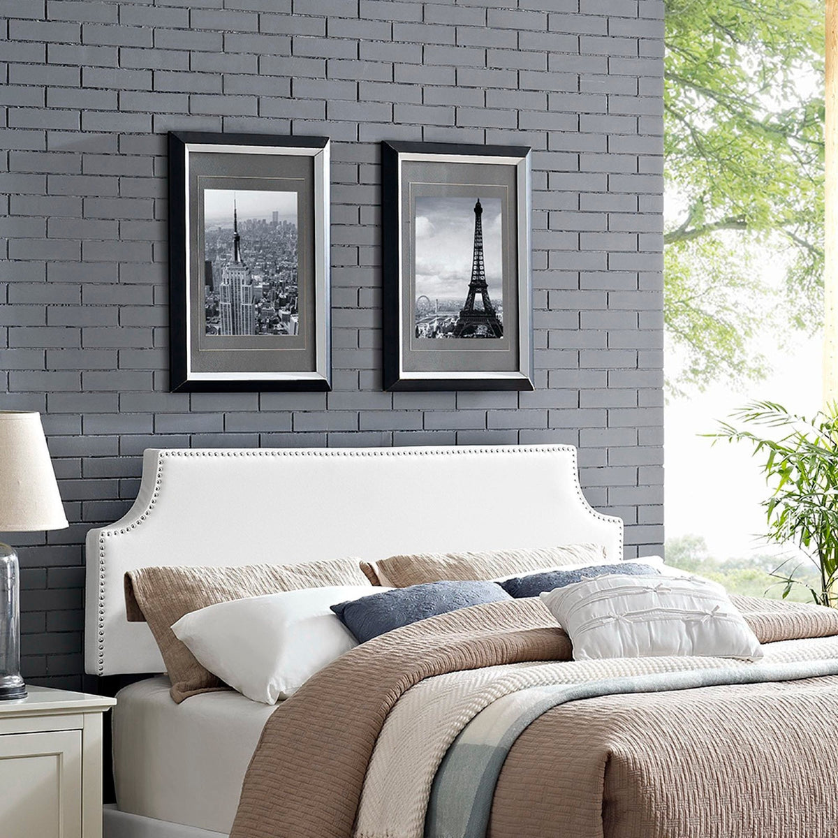 Laura Upholstered Vinyl Full Headboard in white with nailhead trim on Tampa Home & Garden Store