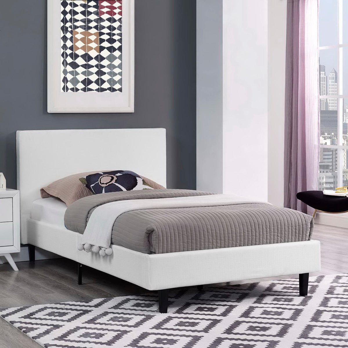 Anya Fabric Bed by Modway, white upholstered bed with gray quilted bedding and bedskirts on Tampa Home & Garden Store