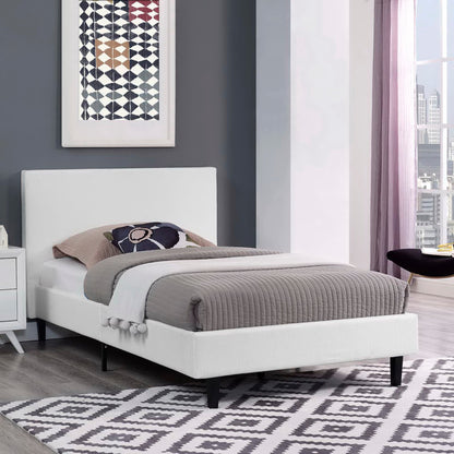 Anya Fabric Bed by Modway, white upholstered bed with gray quilted bedding and bedskirts on Tampa Home & Garden Store