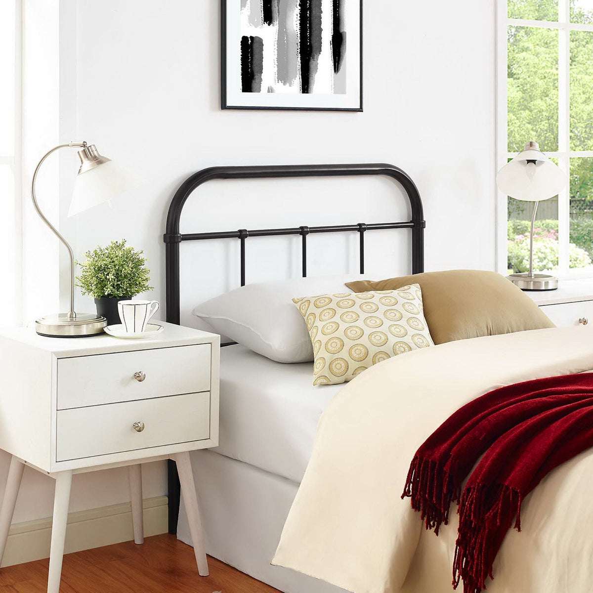 Serena Twin Steel Headboard by Modway, black iron bed frame in white bedroom with nightstands on Tampa Home & Garden Store