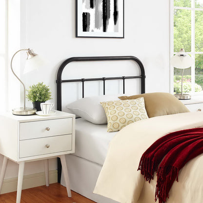 Serena Twin Steel Headboard by Modway, black iron bed frame in white bedroom with nightstands on Tampa Home & Garden Store