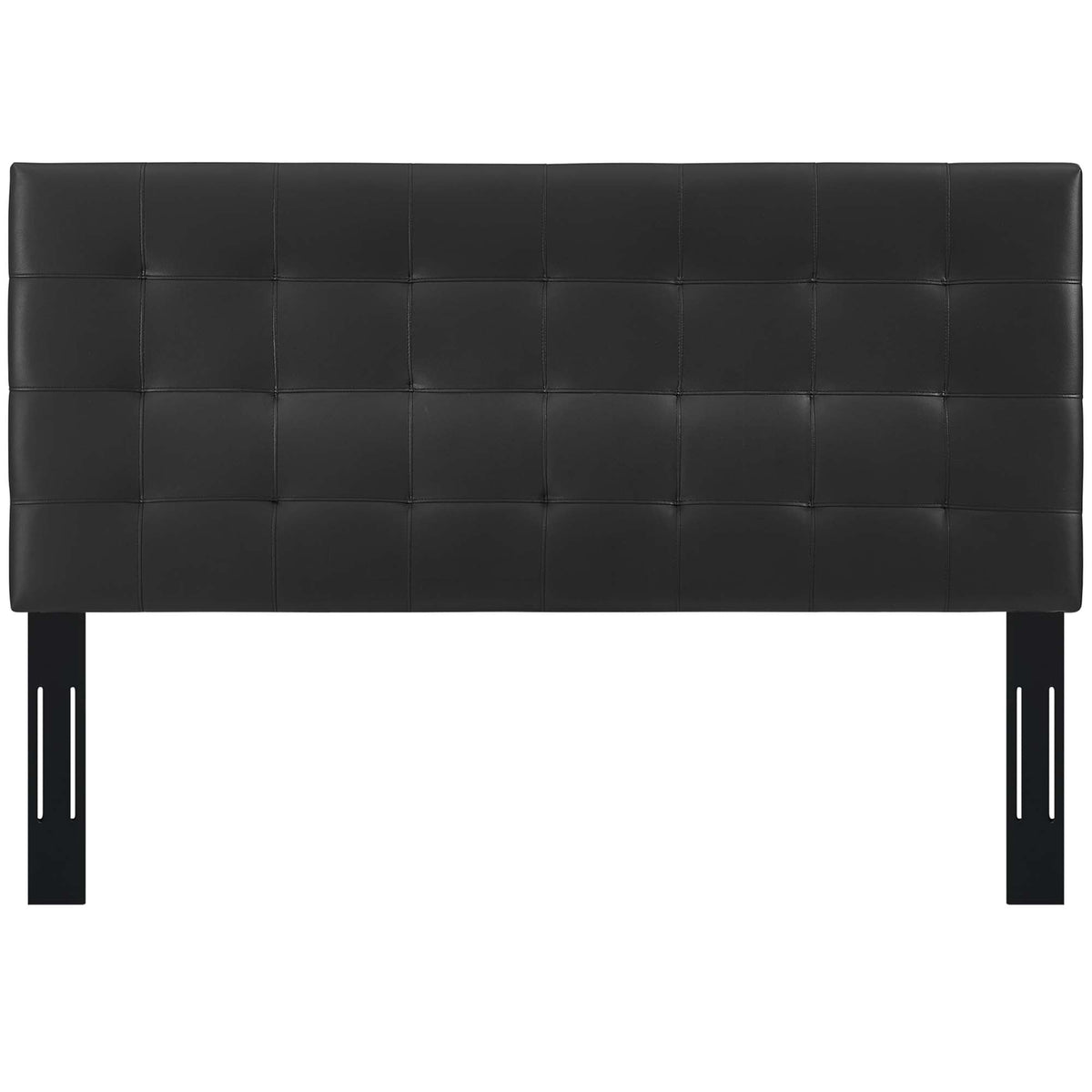 Paisley tufted faux leather full/queen headboard in black with quilted panels on black legs on Tampa Home & Garden Store