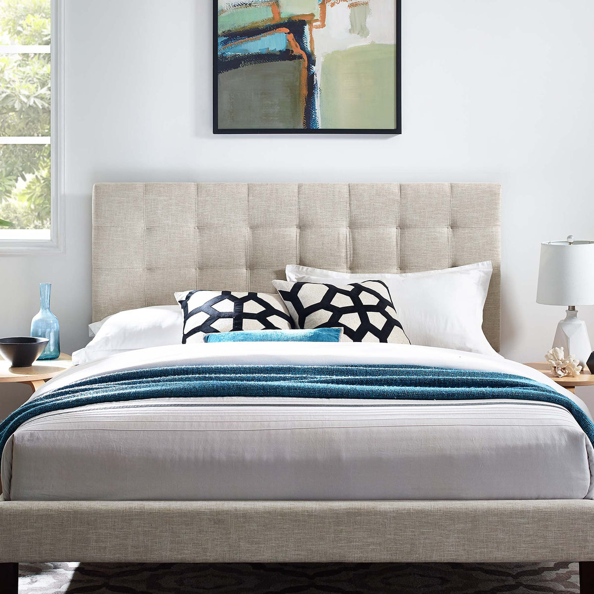 Paisley tufted linen headboard in beige for king and California King beds by HouseOfZazla on Tampa Home & Garden Store