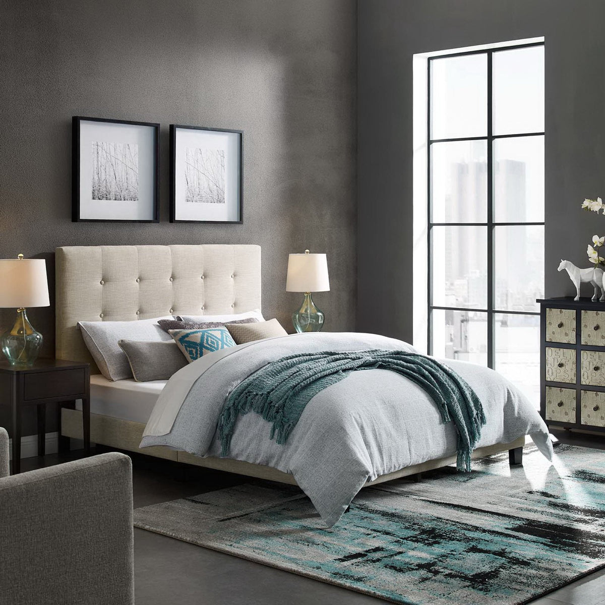 Melanie Tufted Button Upholstered Fabric Full Platform Bed by Modway, gray tufted headboard on Tampa Home & Garden Store