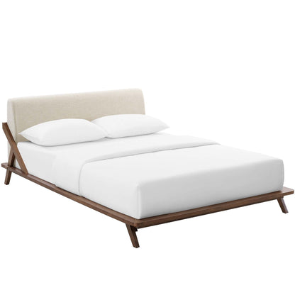 Luella Upholstered Fabric Queen Platform Bed beige headboard and wood legs on Tampa Home & Garden Store