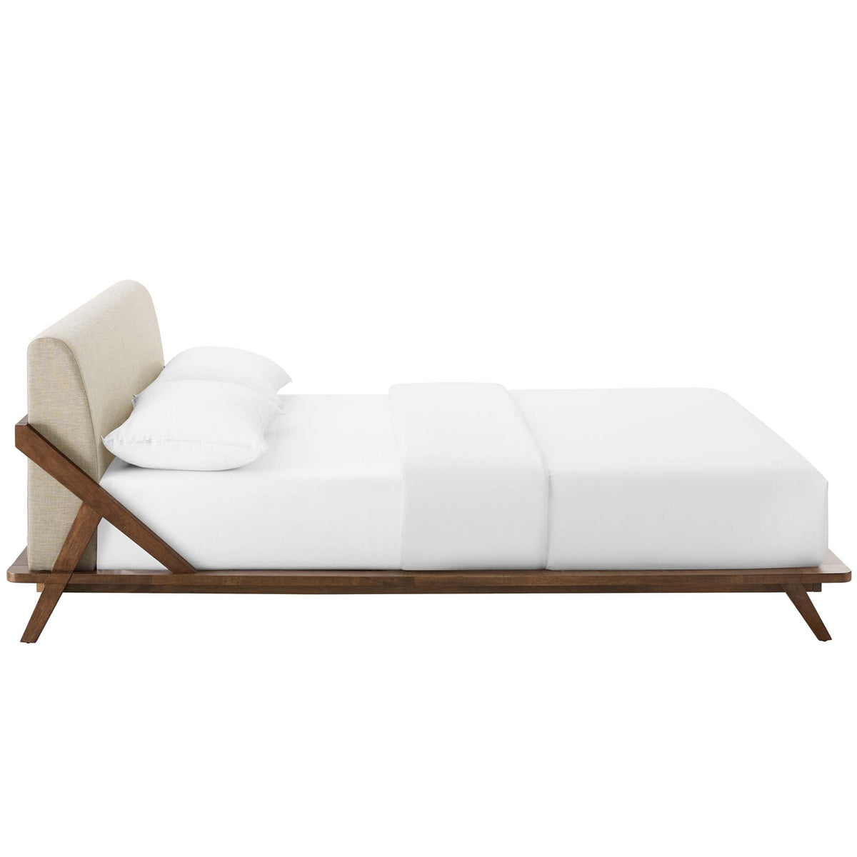 Luella Upholstered Queen Platform Bed beige fabric headboard with wood base HouseOfZazla on Tampa Home & Garden Store