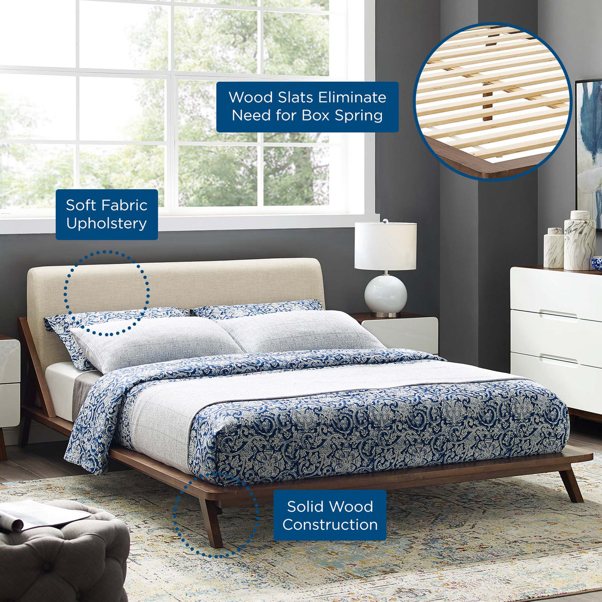 Luella Upholstered Fabric Queen Platform Bed by Modway in beige fabric with wood base on Tampa Home & Garden Store