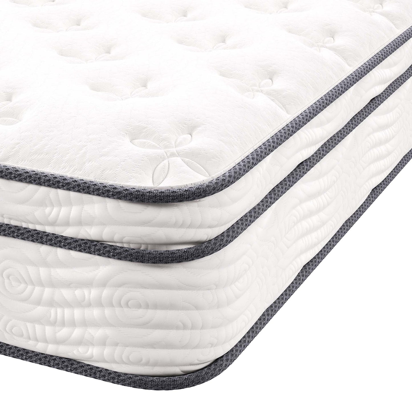 Jenna 10-inch California King innerspring foam mattress with white quilted top and gray border on Tampa Home & Garden Store