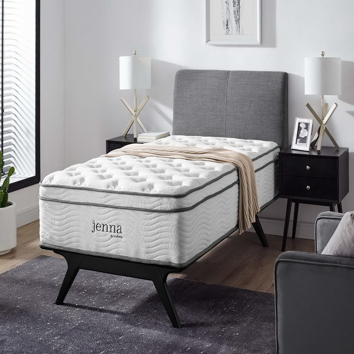 Jenna twin mattress 14in innerspring foam by Modway on gray bed in modern bedroom on Tampa Home & Garden Store