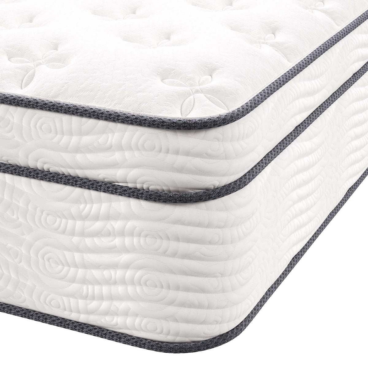 Jenna 14in Innerspring and Foam Twin Mattress with white quilted top and dark gray edge trim on Tampa Home & Garden Store