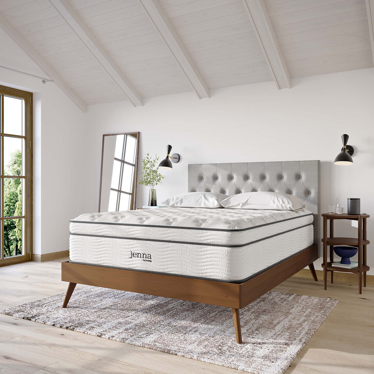 Jenna twin 14in innerspring foam mattress by Modway on a wood platform bed in a bright room on Tampa Home & Garden Store