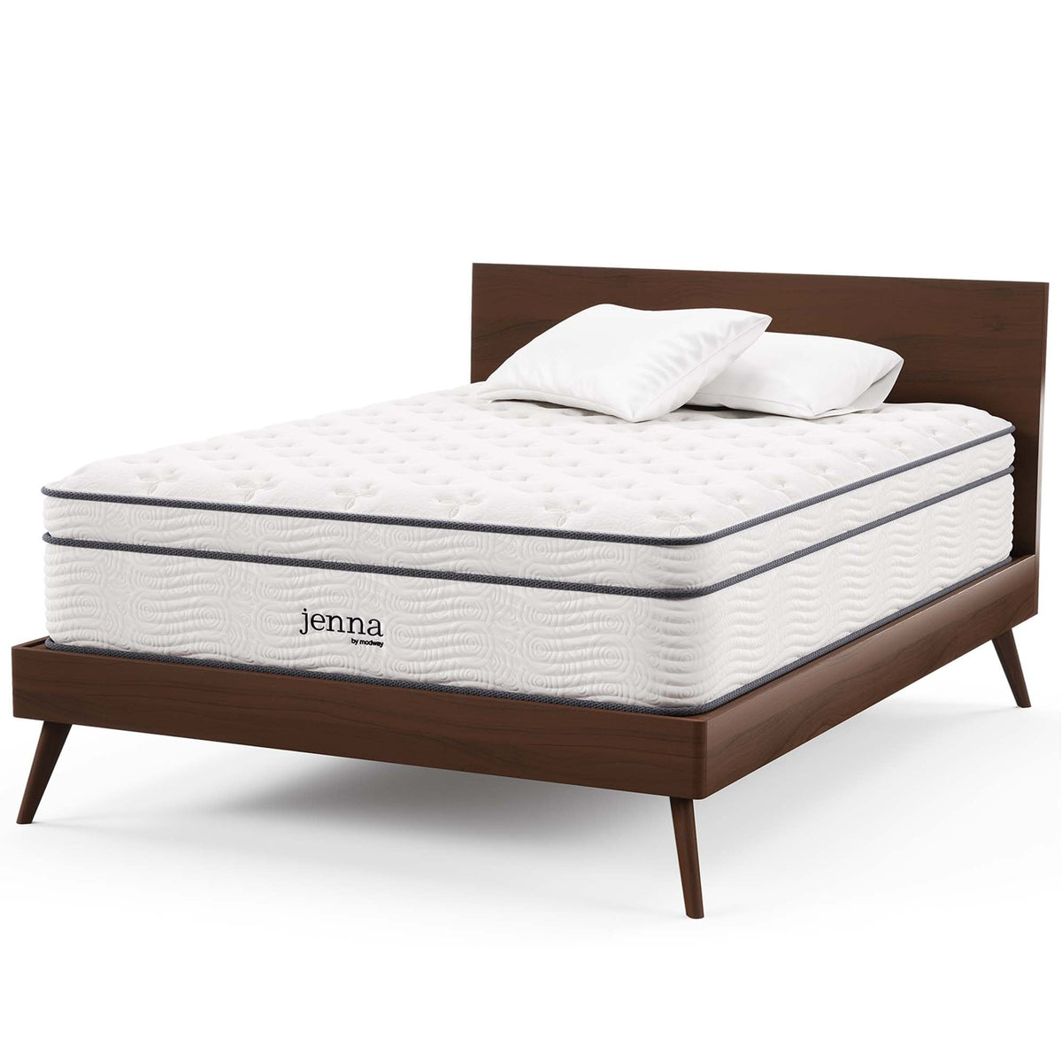 Jenna 14in innerspring foam twin mattress Modway on dark wood bed frame on Tampa Home & Garden Store