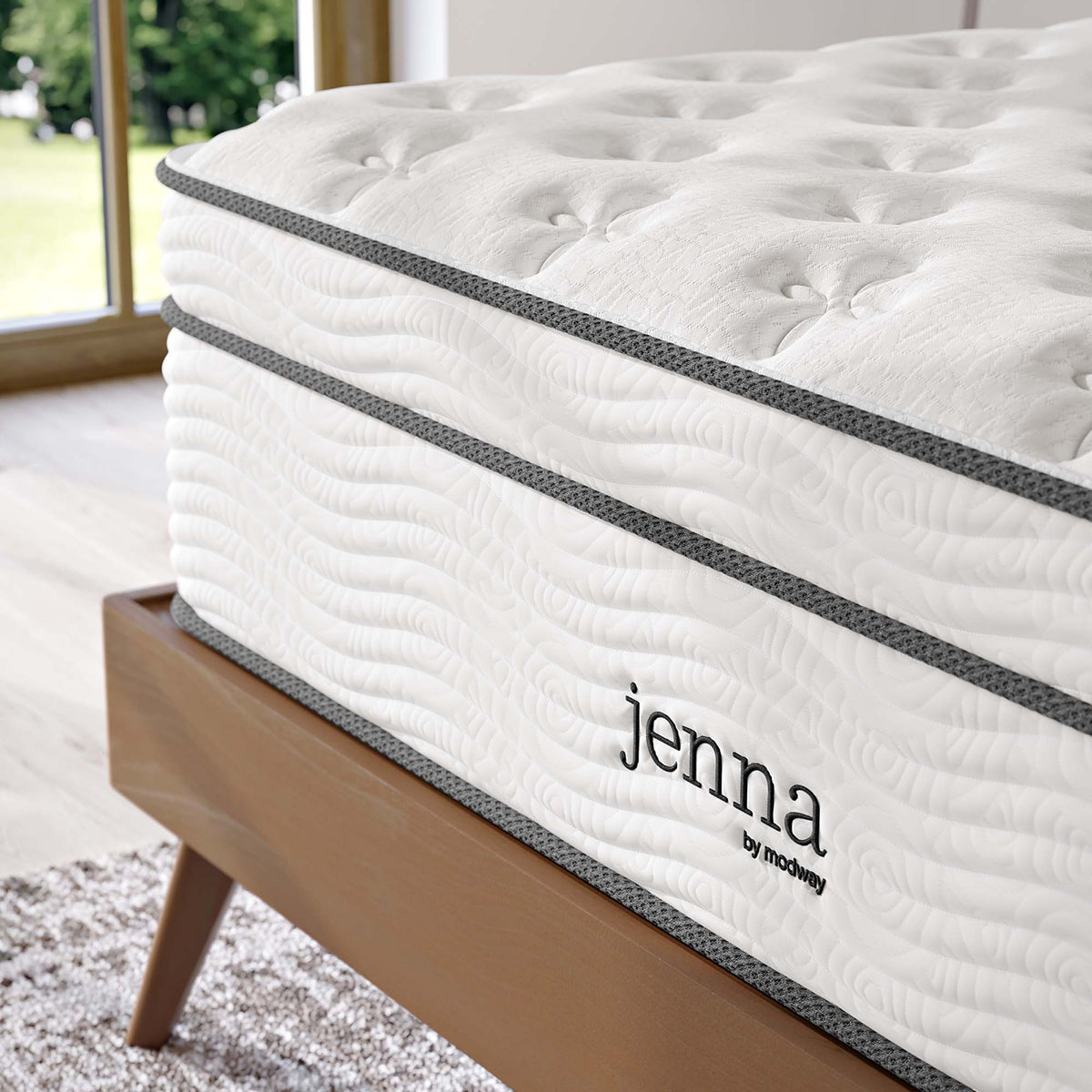 Twin Jenna 14in innerspring foam mattress by Modway, quilted top with gray trim on wood frame on Tampa Home & Garden Store