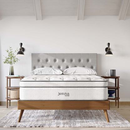 Jenna 14-inch innerspring and foam twin mattress by Modway on a gray tufted bed on Tampa Home & Garden Store