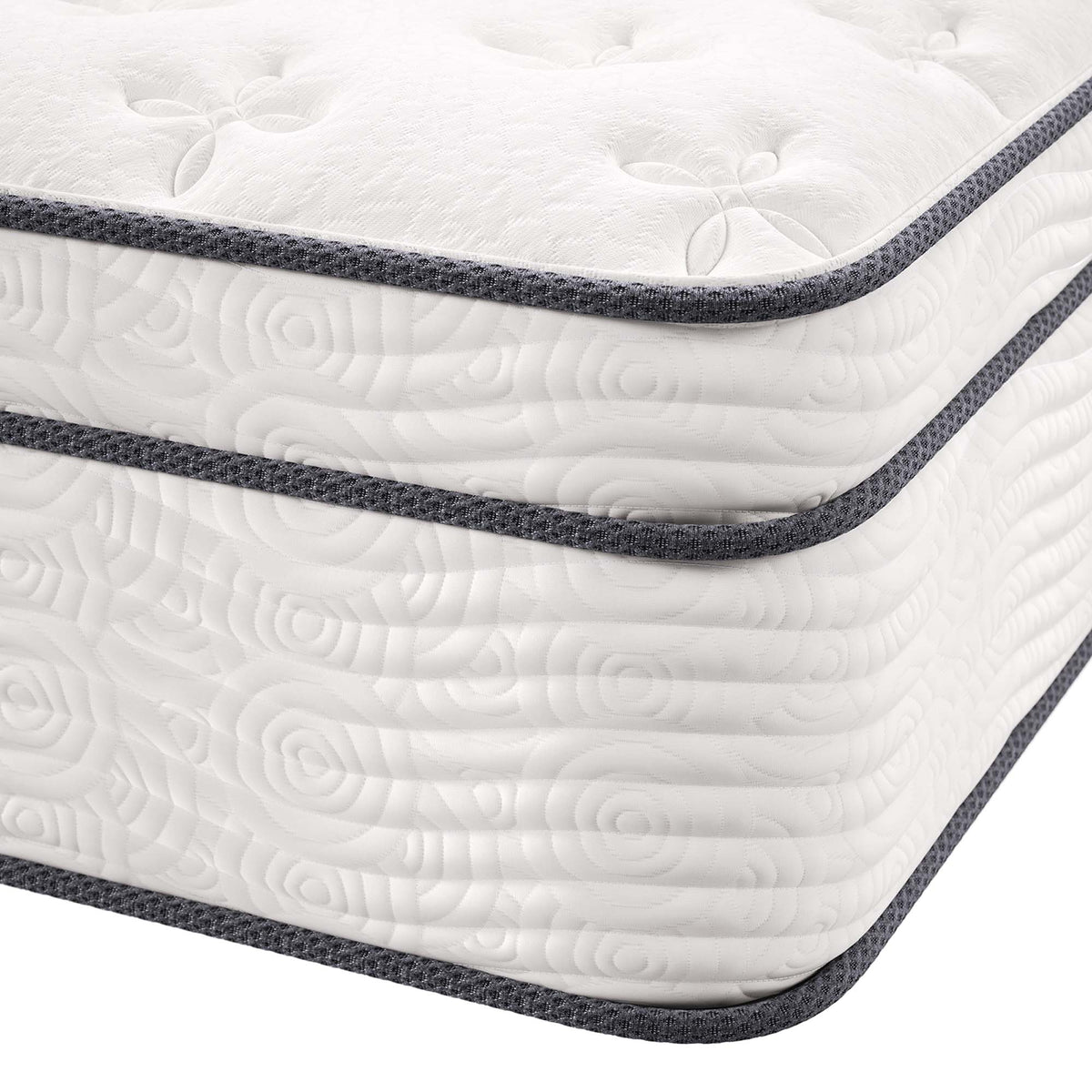 Jenna 14in twin innerspring foam mattress with white quilted top and gray edge trim on Tampa Home & Garden Store