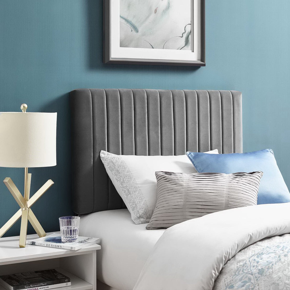 Keira Performance Velvet Headboard by Modway in dark gray velvet with vertical channels on Tampa Home & Garden Store