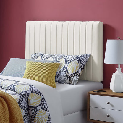 Keira Performance Velvet Headboard white with vertical channel tufting on a bed against burgundy wall on Tampa Home & Garden Store