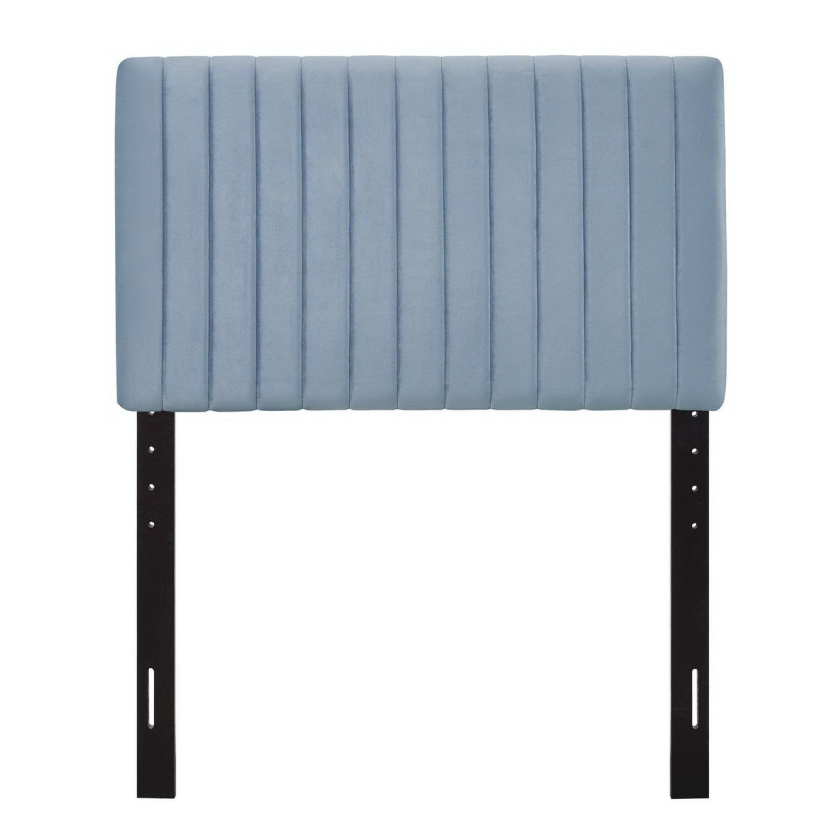 Keira performance velvet headboard in blue with vertical channel stitching and black metal legs on Tampa Home & Garden Store