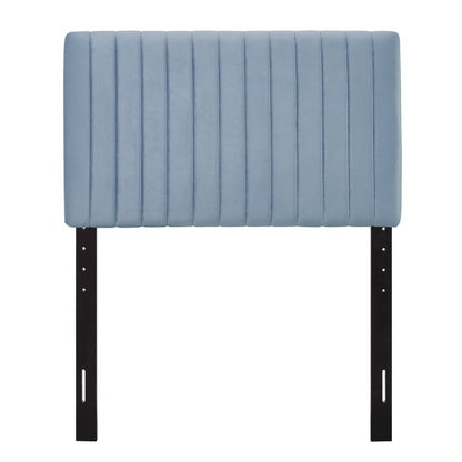 Keira performance velvet headboard in blue with vertical channel stitching and black metal legs on Tampa Home & Garden Store