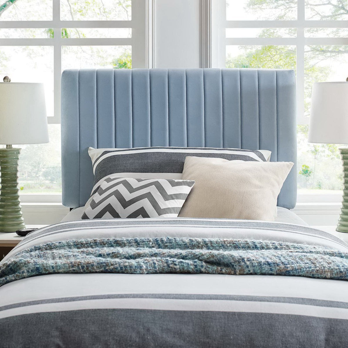 Keira Performance Velvet Headboard by Modway in blue velvet with vertical channel tufting on Tampa Home & Garden Store