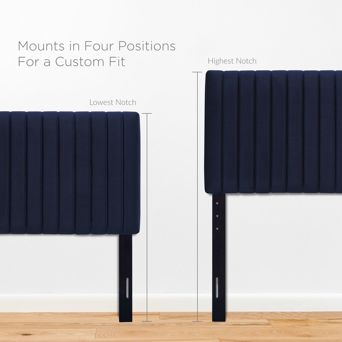Two Keira velvet headboards by Modway in navy velvet with vertical tufting on metal legs on Tampa Home & Garden Store