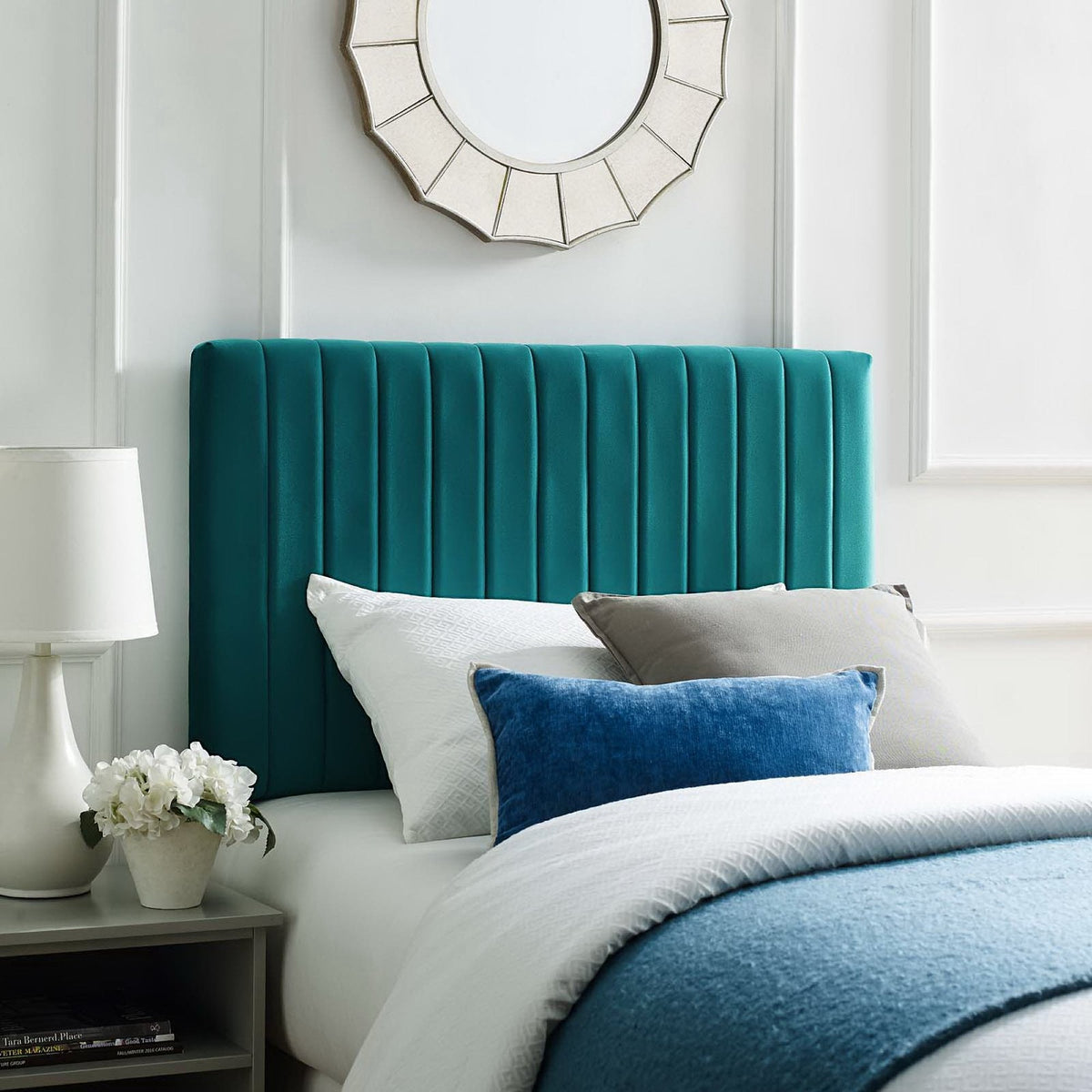 Keira Performance Velvet Headboard by Modway in teal velvet with vertical channel tufting on Tampa Home & Garden Store