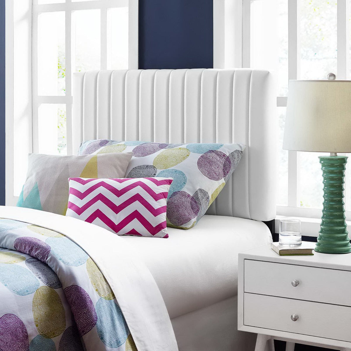 Keira faux leather headboard by Modway, white padded vertical channel tufting on Tampa Home & Garden Store