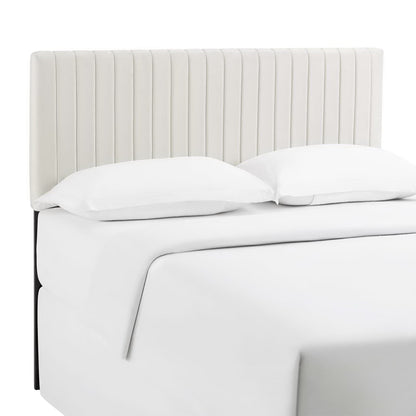 Keira Performance Velvet Headboard white velvet with vertical channel tufting, two pillows on Tampa Home & Garden Store