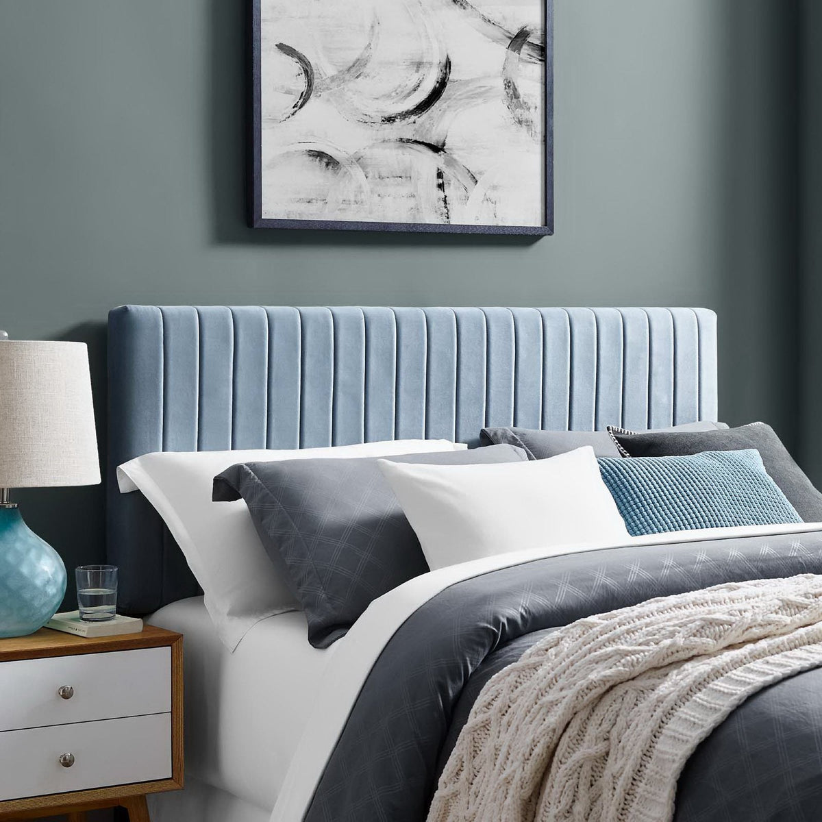 Keira Performance Velvet Headboard by Modway blue velvet with vertical channel tufting on Tampa Home & Garden Store