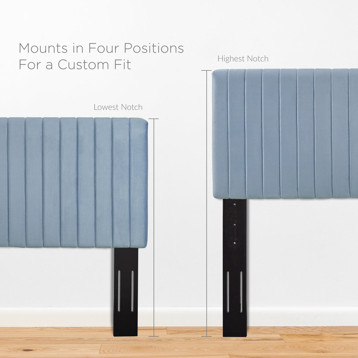 Keira Performance Velvet Headboard in blue velvet with four-position mounts and black posts on Tampa Home & Garden Store