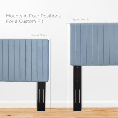 Keira Performance Velvet Headboard in blue velvet with four-position mounts and black posts on Tampa Home & Garden Store