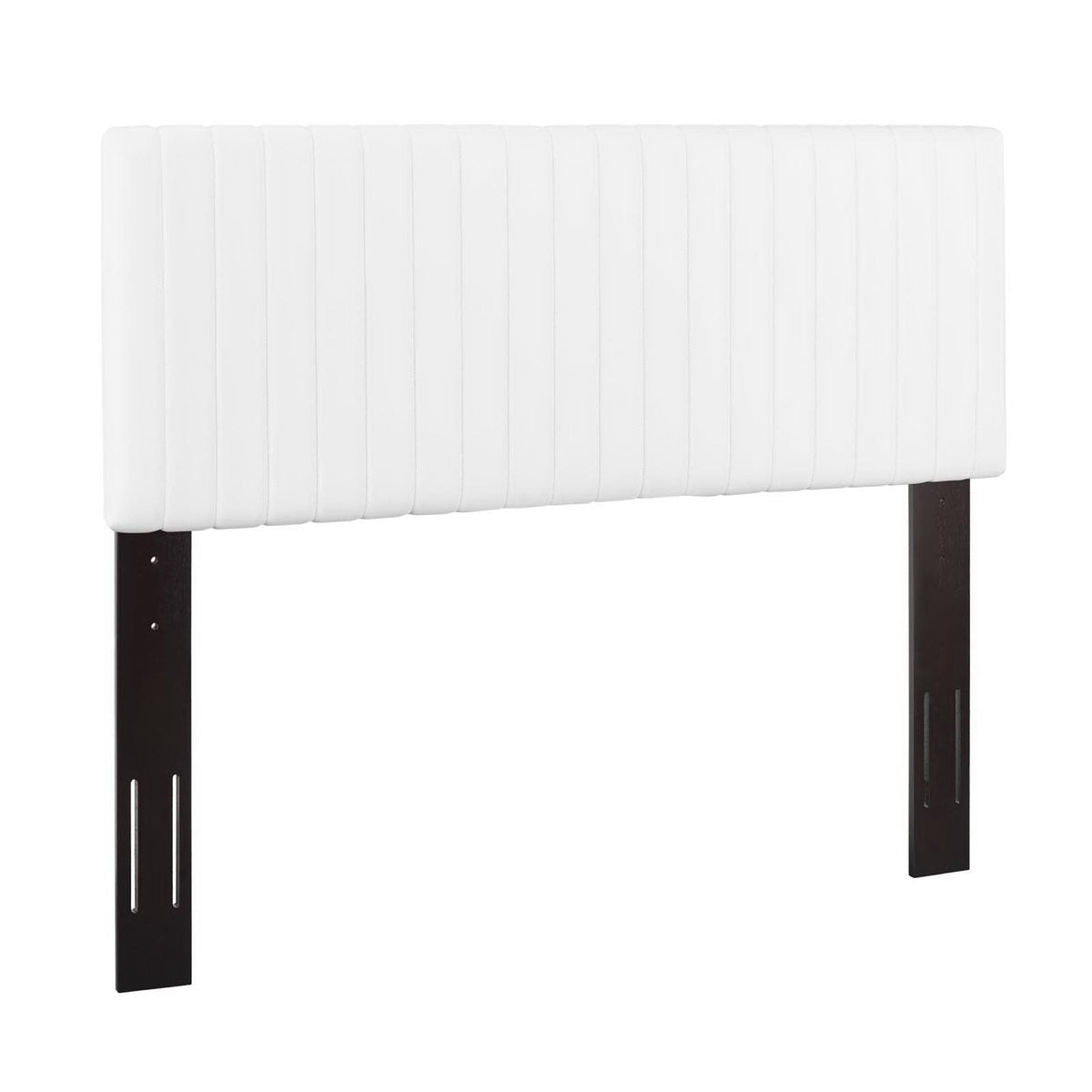 Keira Faux Leather Headboard white panel with vertical channels on dark wood legs HouseOfZazla on Tampa Home & Garden Store