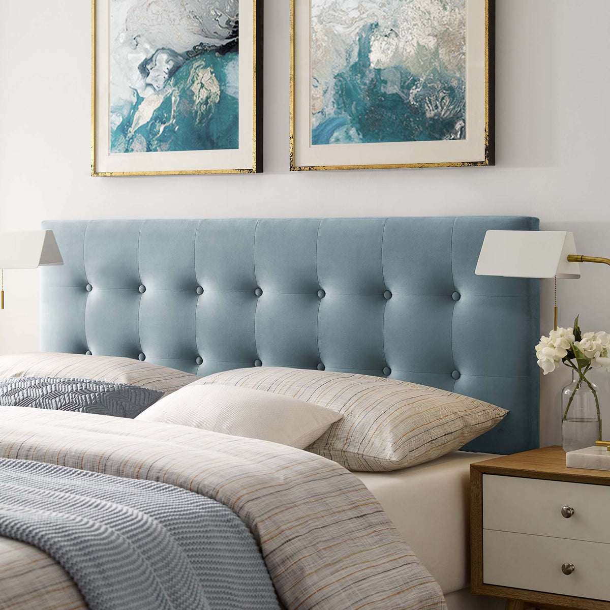 Emily Biscuit Tufted Queen Headboard in blue performance velvet with button tufted panels on Tampa Home & Garden Store