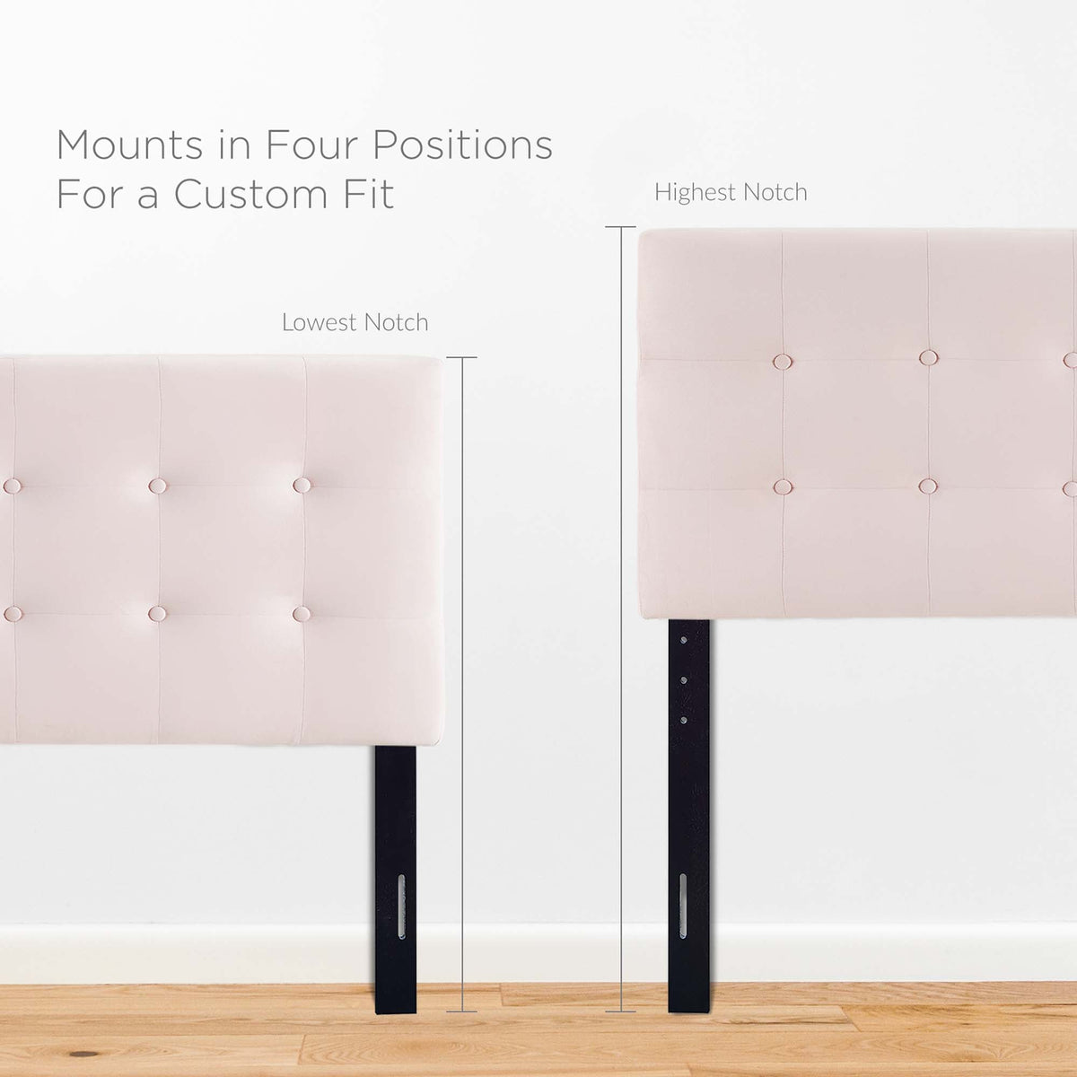 Emily Biscuit Tufted Velvet Queen Headboard pair blush pink with button tufting on black rails on Tampa Home & Garden Store