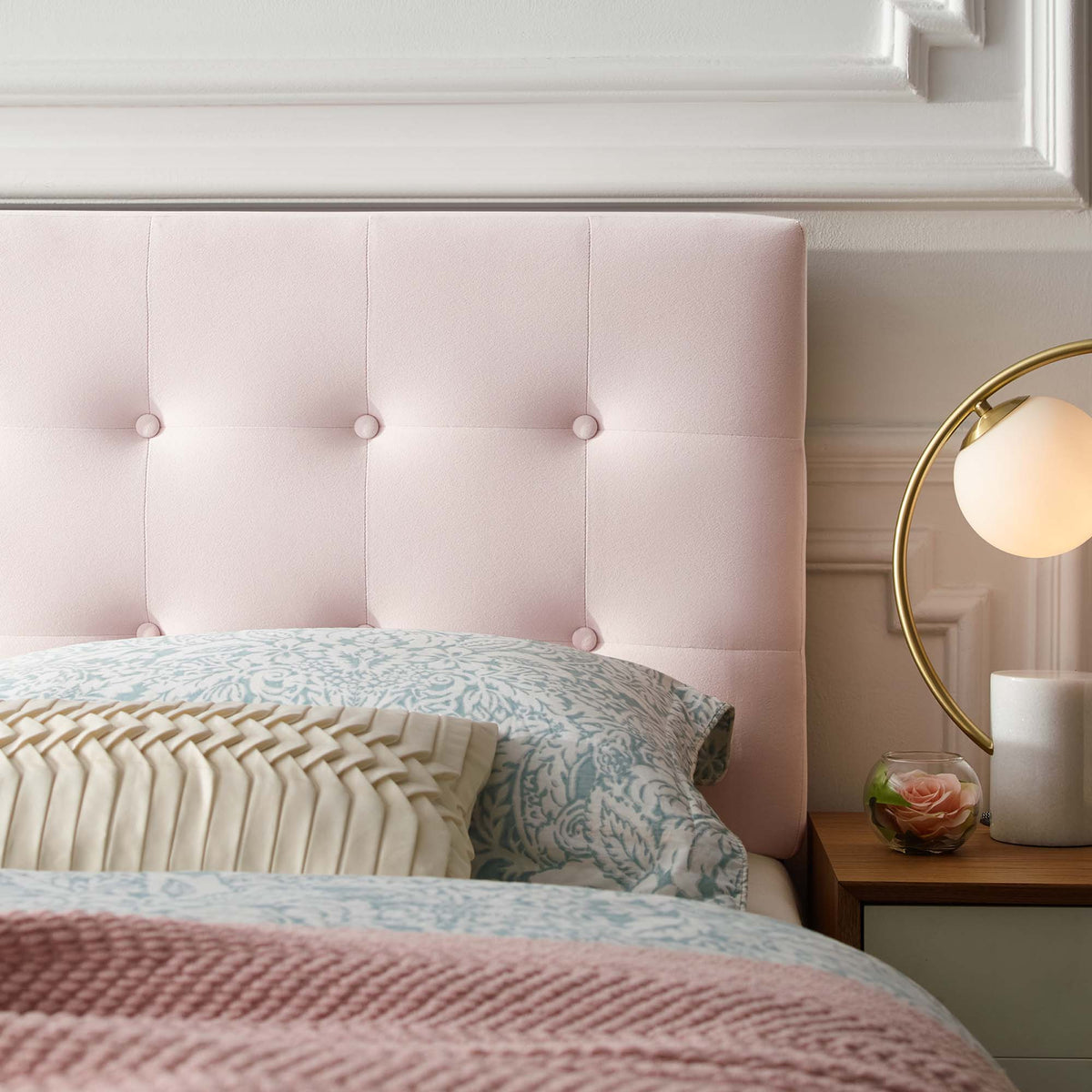 Emily Biscuit Tufted Velvet Queen Headboard blush pink with button tufting by HouseOfZazla on Tampa Home & Garden Store