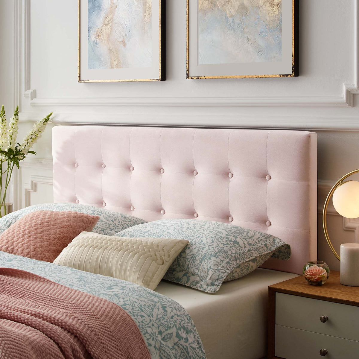 Emily Biscuit Tufted Performance Velvet Queen Headboard in blush pink by Modway on Tampa Home & Garden Store