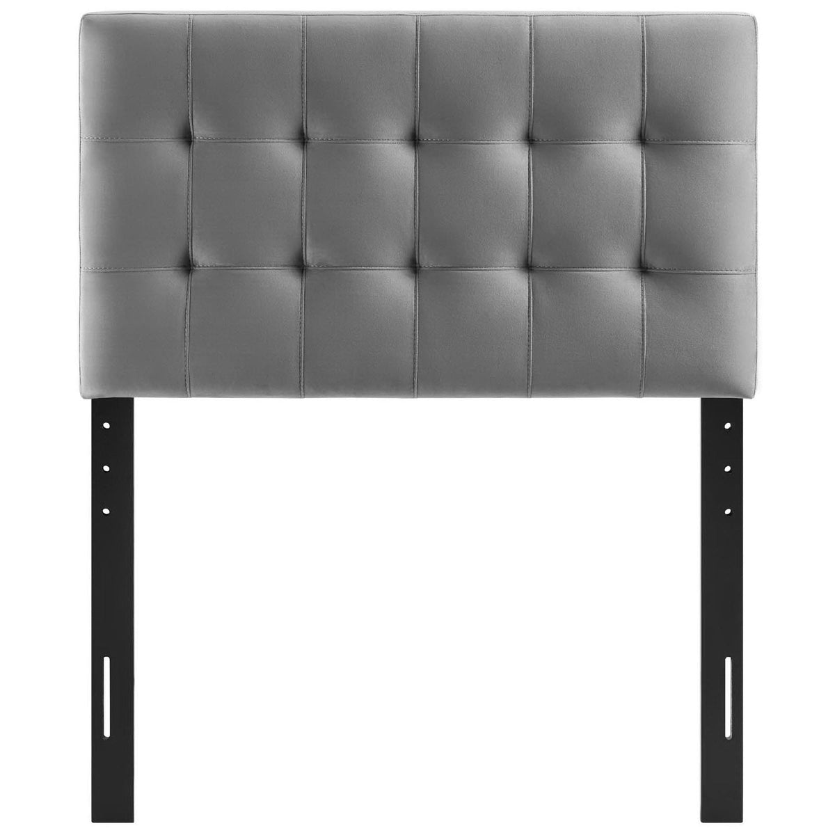 Lily Biscuit Tufted Performance Velvet Headboard gray with square tufting and black metal legs on Tampa Home & Garden Store